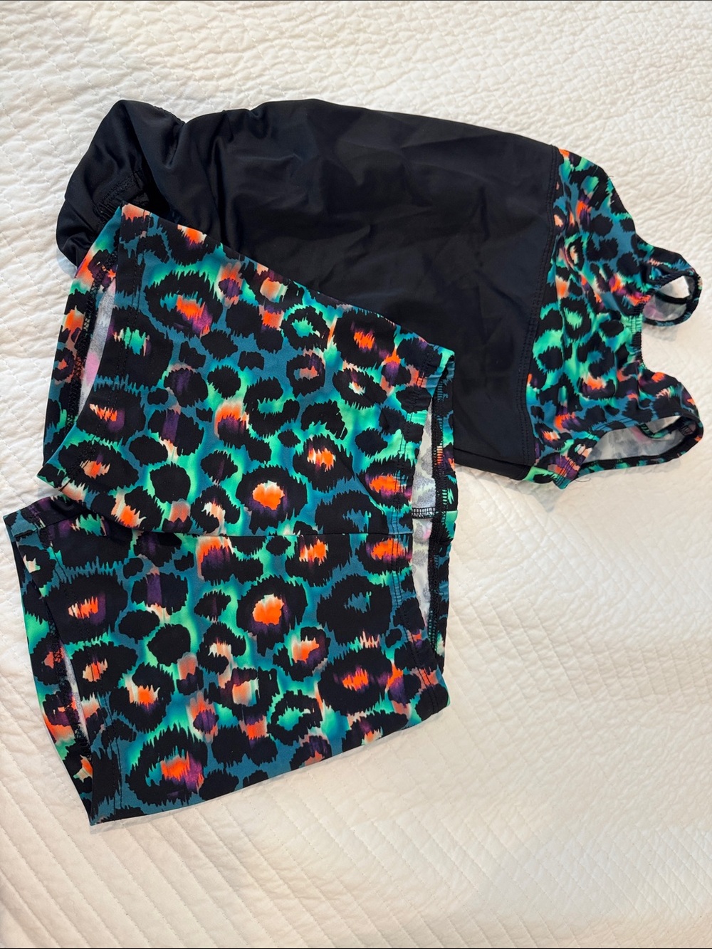 Size 8 Black Green Leopard Print Leotard with matching Leopard Print Shorts